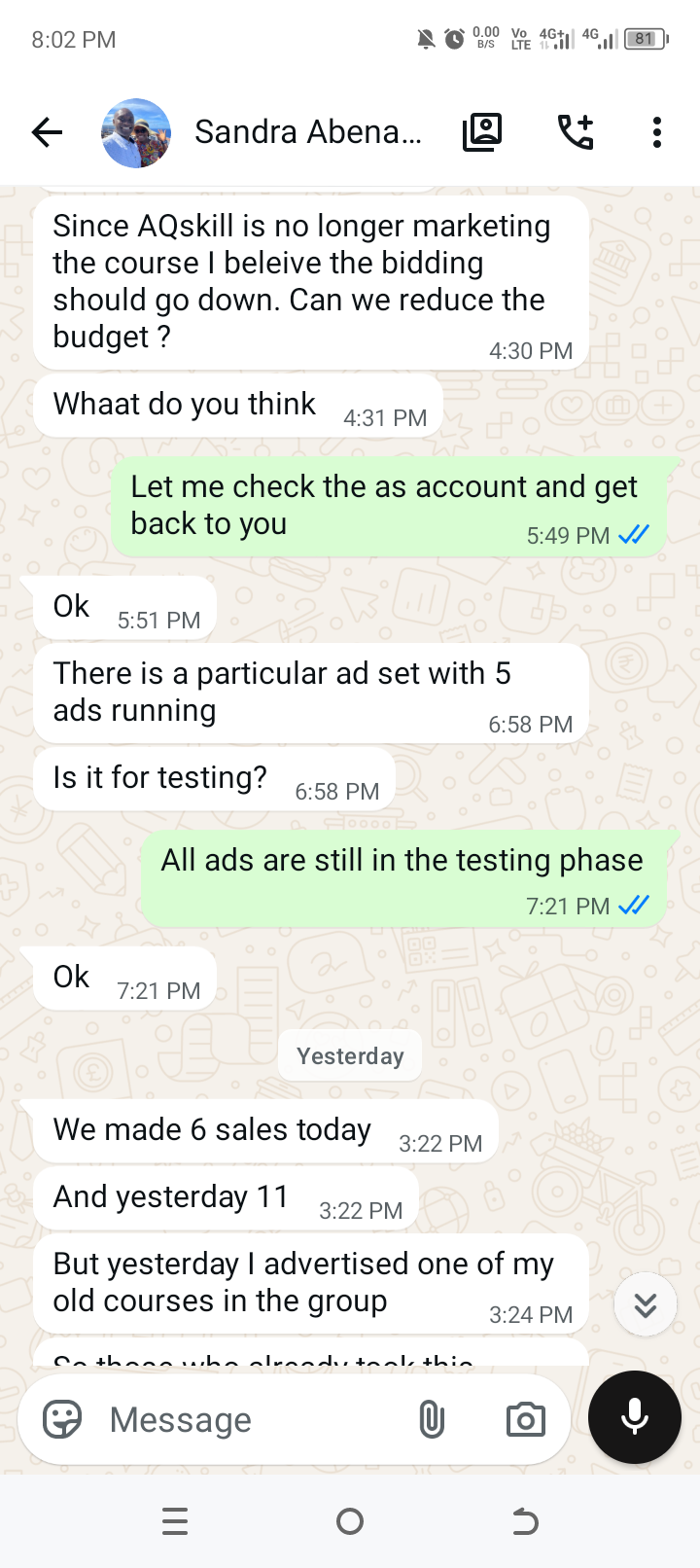 WhatsApp screenshot: Sandra reports 6 sales in a day and 11 the day before
