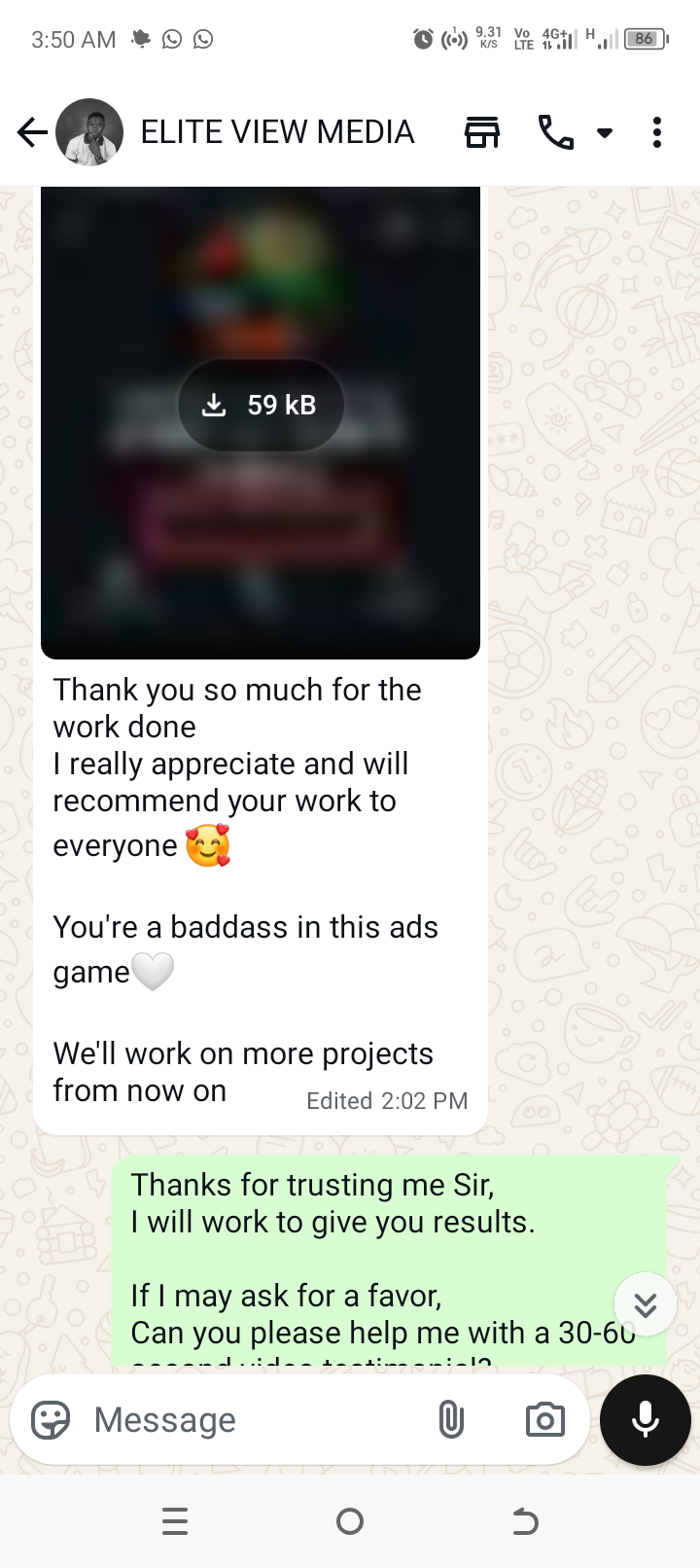 WhatsApp screenshot: Elite View Media thanks Herbert for the ad results