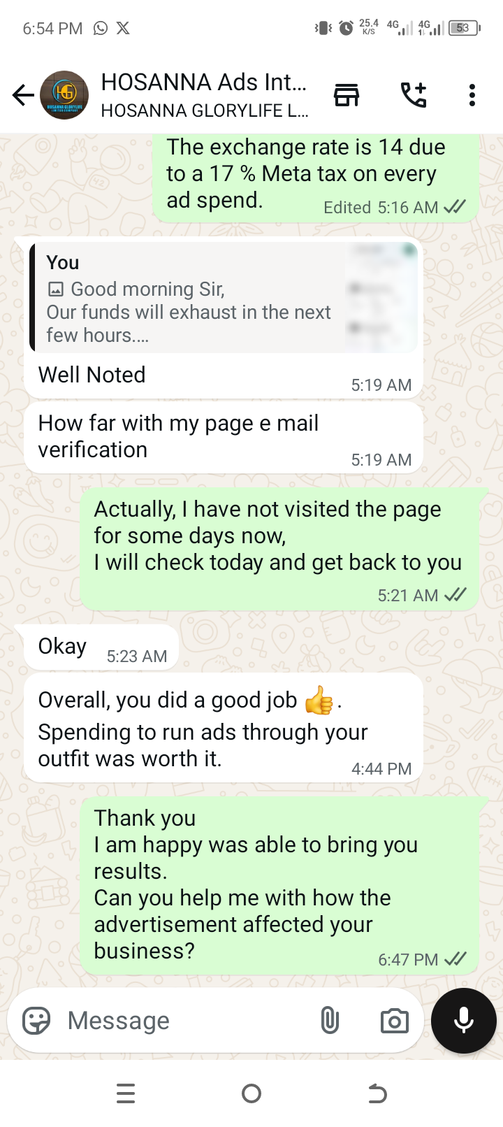 WhatsApp screenshot: Hosanna Glorylife says the ad spend was worth it