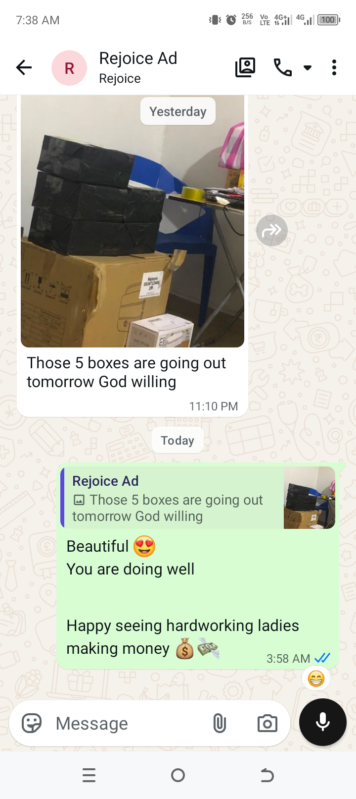 WhatsApp screenshot: Rejoice reports five boxes of orders shipping after ads